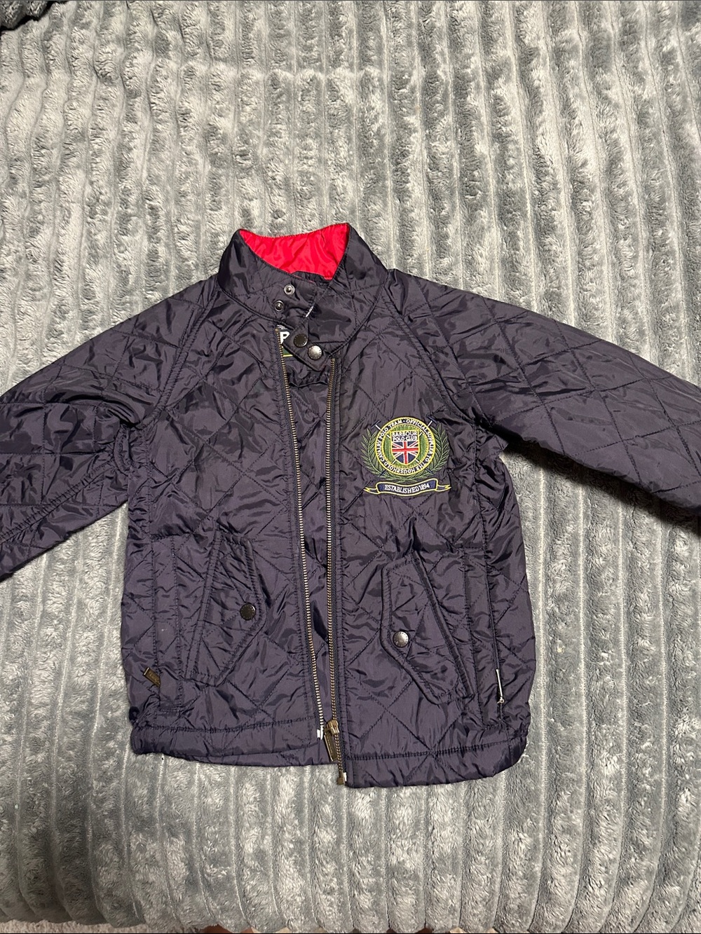 Barbour Navy Quilted Kids Puffer Jacket with Red Collar Lining
